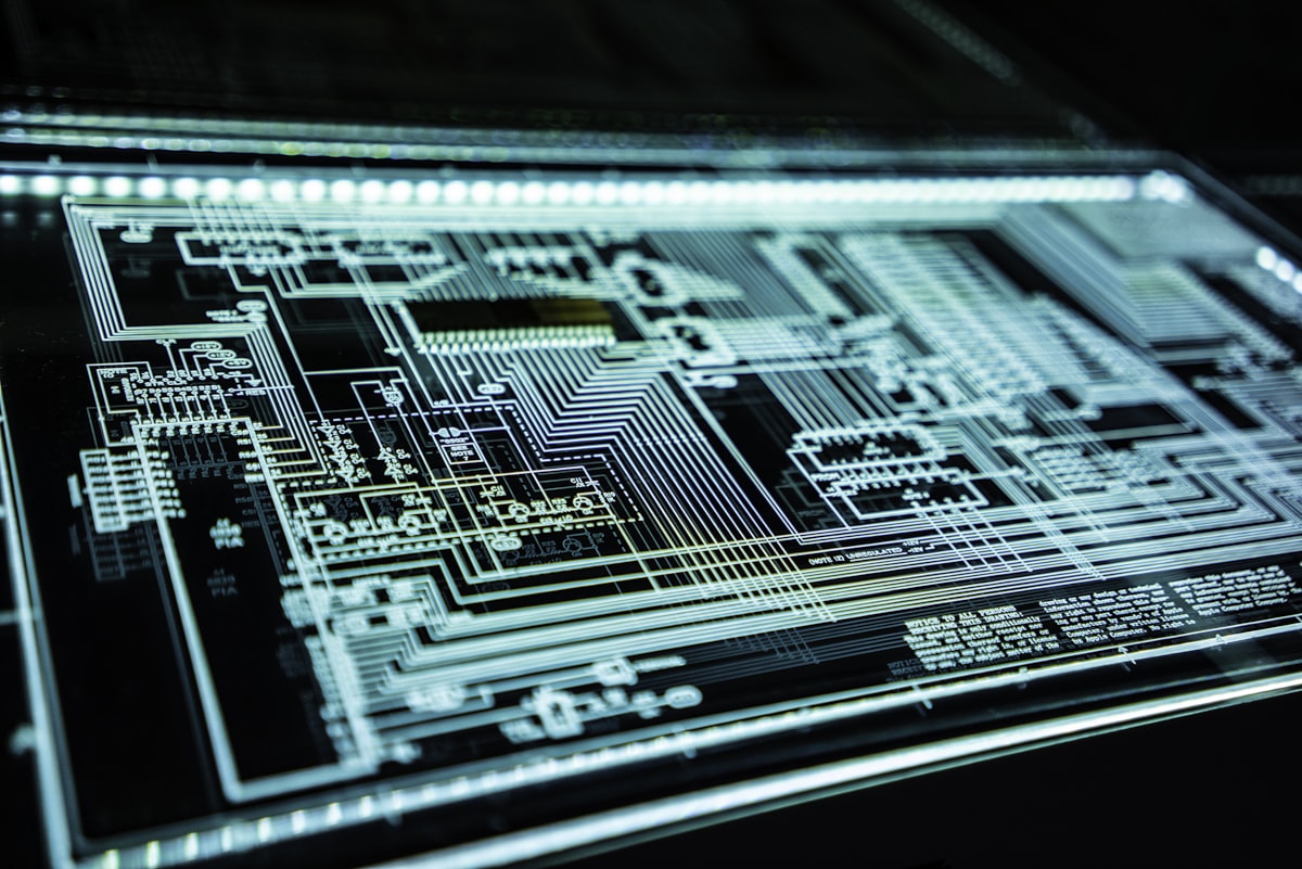 A glowing circuit schematic, illustrating AI-driven security automation